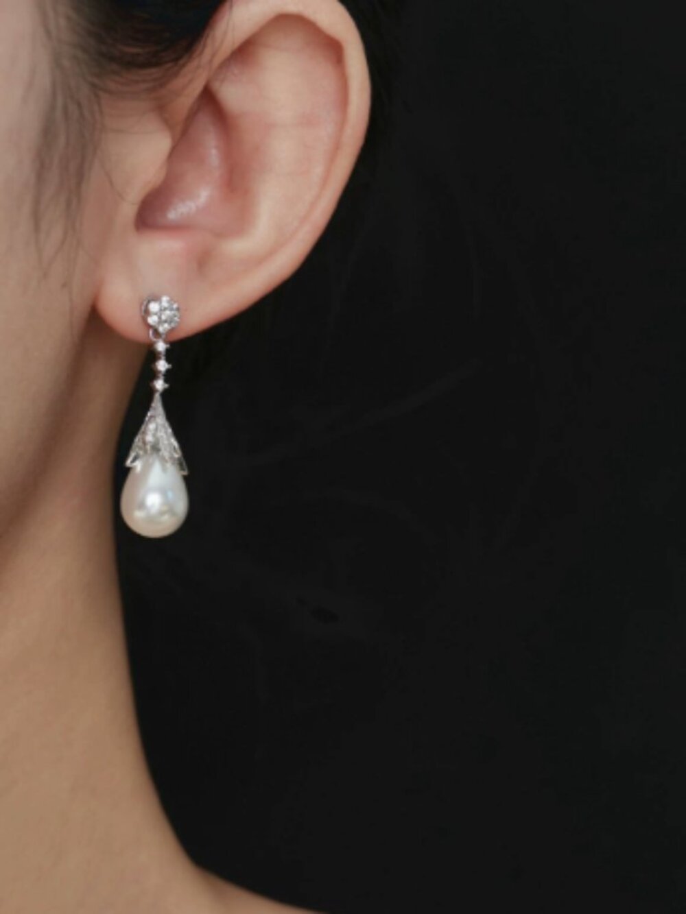 Vintage Silver Tone Teardrop Faux Pearl Crystal Drop Dangle Earrings Bridal Form